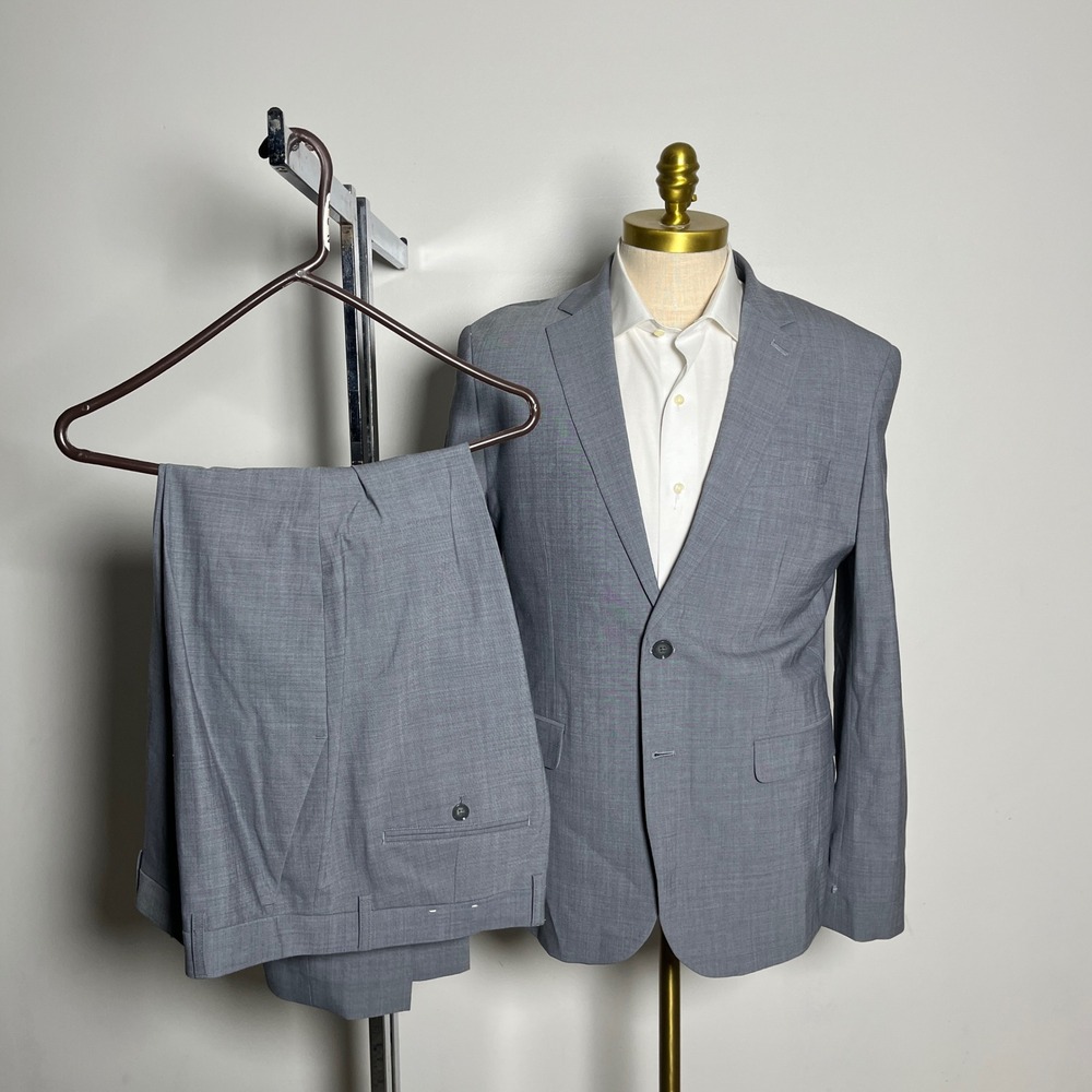 Express 2-Piece Suit Mens 40R 36x27 Gray Solid Extra Slim Fit Wool Blend Work